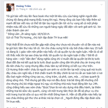 “Bức tâm thư đăng tải trên trang facebook cá nhân nhân Hoàng Trâm.