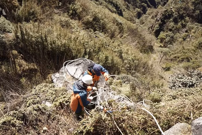 Âm thầm, lặng lẽ, các chàng “Tarzan” tinh nhuệ, chuyên nghiệp thuộc đội kỹ thuật bảo trì tuyến cáp treo Fansipan Sapa… đang kiên nhẫn làm công việc dọn sạch rác.