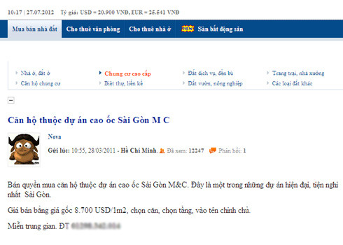 Trên thị trường thứ cấp căn hộ dự án Sài Gòn M&C tọa lạc tại khu đất vàng quận 1 được chào bán giá 8.700 USD mỗi m2. Ảnh: Chụp màn hình