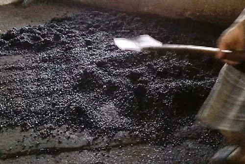 Trộn xong màu, đậu nành được đổ ra nền đất - Ảnh: Hoài Nam