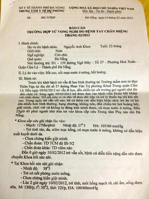 Văn bản Báo cáo của Sở Y tế TP Đà Nẵng về trường hợp bệnh nhi Nguyễn Anh Khoa tử vong do nghi mắc bệnh tay chân miệng. Văn bản Báo cáo của Sở Y tế TP Đà Nẵng về trường hợp bệnh nhi Nguyễn Anh Khoa tử vong do nghi mắc bệnh tay chân miệng.