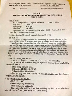 Văn bản Báo cáo của Sở Y tế TP Đà Nẵng về trường hợp bệnh nhi Nguyễn Anh Khoa tử vong do nghi mắc bệnh tay chân miệng.