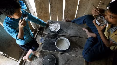 Bữa trưa tự nấu của hai học sinh trường THCS Thượng Nung (Xã Thượng Nung, huyện Võ Nhai, Thái Nguyên) không có gị ngoài cơm trắng và nước cơm. Bữa trưa tự nấu của hai học sinh trường THCS Thượng Nung (Xã Thượng Nung, huyện Võ Nhai, Thái Nguyên) không có gị ngoài cơm trắng và nước cơm.