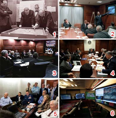 1. Cố vấn an ninh quốc gia Walt Rostow trình bày với Tổng thống Lyndon B. Johnson trận địa Khe Sanh trong WHSR (15/2/1968); 2. Tổng thống Ronald Reagan được báo cáo diễn biến tình hình Libya tại WHSR (1986); 3. Tổng thống Bill Clinton thực hiện cuộc điện đàm video với Tổng thống Nam Phi Nelson Mandela (22/2/2000); 4. Tổng thống George W. Bush cùng giới chức an ninh - quân sự trong WHSR ngày 21/3/2003 (trong cuộc chiến Iraq); 5. Tổng thống Barack Obama cùng nhóm viên chức cấp cao theo dõi diễn biến chiến dịch tiêu diệt Bin Laden (1/5/2011); 6. WHSR sau khi được nâng cấp toàn diện.