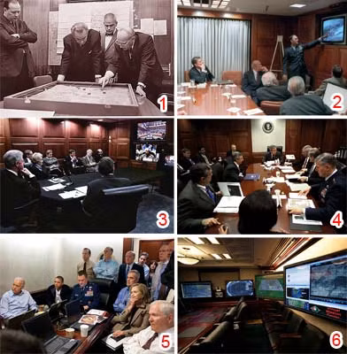 1. Cố vấn an ninh quốc gia Walt Rostow trình bày với Tổng thống Lyndon B. Johnson trận địa Khe Sanh trong WHSR (15/2/1968); 2. Tổng thống Ronald Reagan được báo cáo diễn biến tình hình Libya tại WHSR (1986); 3. Tổng thống Bill Clinton thực hiện cuộc điện đàm video với Tổng thống Nam Phi Nelson Mandela (22/2/2000); 4. Tổng thống George W. Bush cùng giới chức an ninh - quân sự trong WHSR ngày 21/3/2003 (trong cuộc chiến Iraq); 5. Tổng thống Barack Obama cùng nhóm viên chức cấp cao theo dõi diễn biến chiến dịch tiêu diệt Bin Laden (1/5/2011); 6. WHSR sau khi được nâng cấp toàn diện.
