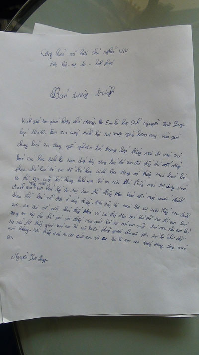 Bản tường trình của học sinh Long Bản tường trình của học sinh Long