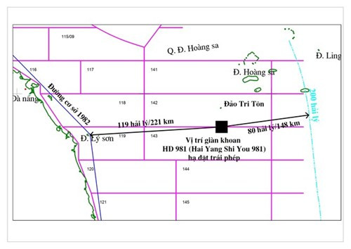 Bản đồ minh họa vị trí giàn khoan HD981 của Trung Quốc hạ đặt trái phép trong vùng đặc quyền kinh tế, thềm lục địa Việt Nam. (Nguồn: Tập đoàn Dầu khí Việt Nam). Bản đồ minh họa vị trí giàn khoan HD981 của Trung Quốc hạ đặt trái phép trong vùng đặc quyền kinh tế, thềm lục địa Việt Nam. (Nguồn: Tập đoàn Dầu khí Việt Nam).