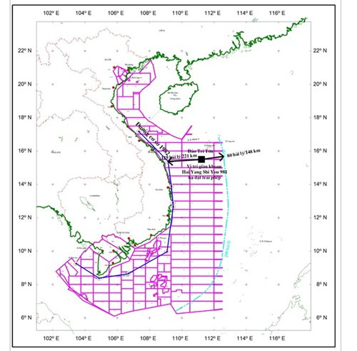 Bản đồ minh họa vị trí giàn khoan HD981 của Trung Quốc hạ đặt trái phép trong vùng đặc quyền kinh tế, thềm lục địa Việt Nam. (Nguồn: Tập đoàn Dầu khí Việt Nam). Bản đồ minh họa vị trí giàn khoan HD981 của Trung Quốc hạ đặt trái phép trong vùng đặc quyền kinh tế, thềm lục địa Việt Nam. (Nguồn: Tập đoàn Dầu khí Việt Nam).