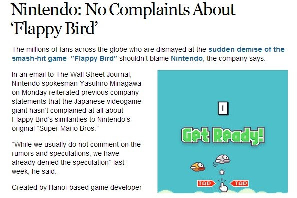 Nintendo cho biết hãng không phàn nàn gì về Flappy Bird (Nguồn: WSJ) Nintendo cho biết hãng không phàn nàn gì về Flappy Bird (Nguồn: WSJ)