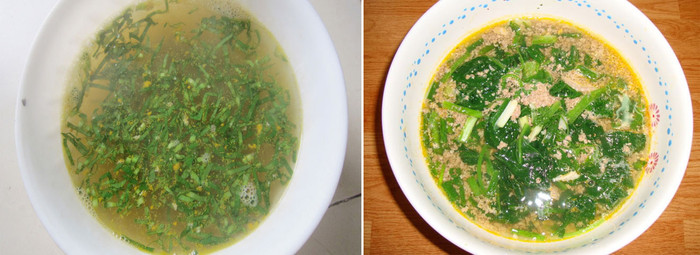 Bát canh suông lõng bõng sau khi hớt hết thịt (ảnh trái) và bát canh cua mồng tơi thơm ngon do bà nội trợ tự tay rửa, giã cua. Bát canh suông lõng bõng sau khi hớt hết thịt (ảnh trái) và bát canh cua mồng tơi thơm ngon do bà nội trợ tự tay rửa, giã cua.
