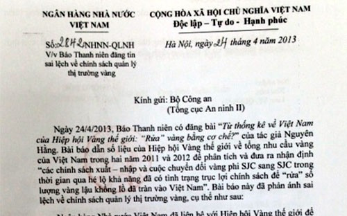 Công văn Ngân hàng Nhà nước gửi Bộ Công an đề nghị “phối hợp xử lý”.