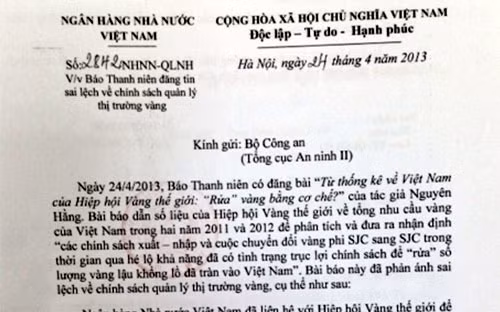 Công văn Ngân hàng Nhà nước gửi Bộ Công an đề nghị “phối hợp xử lý”.