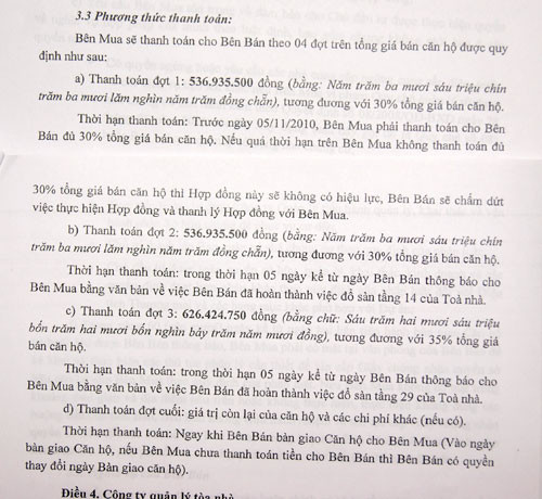 Phần quy định về tiến độ nộp tiền trong hợp đồng mua bán nhà giữa nhà đầu tư thứ cấp với khách mua nhà tại Dự án nhà Văn Phú Victoria, với lần thu tiền đợt 3 trái với Luật Nhà ở 2005. Phần quy định về tiến độ nộp tiền trong hợp đồng mua bán nhà giữa nhà đầu tư thứ cấp với khách mua nhà tại Dự án nhà Văn Phú Victoria, với lần thu tiền đợt 3 trái với Luật Nhà ở 2005.