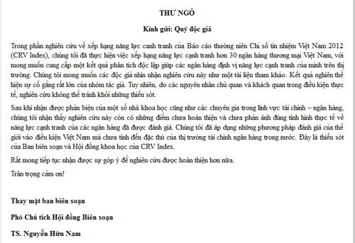 Thư ngỏ của Ban biên soạn CRV Index về xếp hạng tín nhiệm 32 ngân hàng.