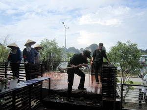 Lực lượng chức năng phá dỡ một dinh thự. (Ảnh: Văn Đức/Vietnam+)