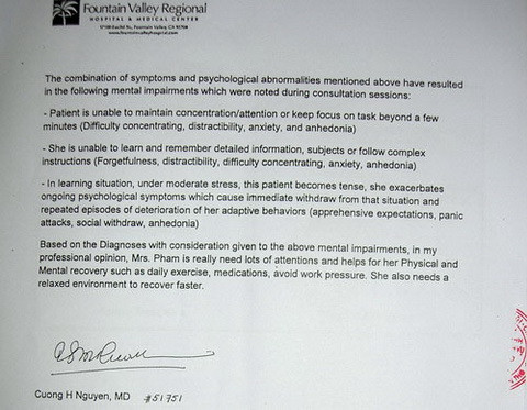 Kết thúc cuộc họp ngày 30/8, phóng viên được ông Trí cho xem những tài liệu liên quan đến bệnh tình bà Hiền. Theo bác sĩ Bệnh viện Fountain Vallay (quận Cam, bang California, Mỹ), bà Hiền nhập viện từ tháng 3/2012 với triệu chứng khủng hoảng tâm lý. Chứng đột quỵ cũng đã làm bệnh nhân đi lại khó khăn. Kết thúc cuộc họp ngày 30/8, phóng viên được ông Trí cho xem những tài liệu liên quan đến bệnh tình bà Hiền. Theo bác sĩ Bệnh viện Fountain Vallay (quận Cam, bang California, Mỹ), bà Hiền nhập viện từ tháng 3/2012 với triệu chứng khủng hoảng tâm lý. Chứng đột quỵ cũng đã làm bệnh nhân đi lại khó khăn.