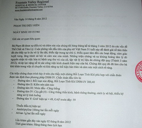 Sau lần khám bệnh gần nhất vào ngày 2/8, bà Hiền vẫn có các triệu chứng bất thường về tâm lý, suy giảm thần kinh. Bà không thể duy trì sự tập trung, không học và ghi nhớ bất kỳ thông tin chi tiết nào và không thể thực hiện theo các hướng dẫn phức tạp. Vì vậy, bác sĩ khuyên người thân nên quan tâm, giúp đỡ bệnh nhân hồi phục thể chất và tinh thần, uống thuốc đều đặn, tránh áp lực công việc và có môi trường thoải mái để hồi phục nhanh hơn. Sau lần khám bệnh gần nhất vào ngày 2/8, bà Hiền vẫn có các triệu chứng bất thường về tâm lý, suy giảm thần kinh. Bà không thể duy trì sự tập trung, không học và ghi nhớ bất kỳ thông tin chi tiết nào và không thể thực hiện theo các hướng dẫn phức tạp. Vì vậy, bác sĩ khuyên người thân nên quan tâm, giúp đỡ bệnh nhân hồi phục thể chất và tinh thần, uống thuốc đều đặn, tránh áp lực công việc và có môi trường thoải mái để hồi phục nhanh hơn.