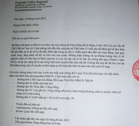 Sau lần khám bệnh gần nhất vào ngày 2/8, bà Hiền vẫn có các triệu chứng bất thường về tâm lý, suy giảm thần kinh. Bà không thể duy trì sự tập trung, không học và ghi nhớ bất kỳ thông tin chi tiết nào và không thể thực hiện theo các hướng dẫn phức tạp. Vì vậy, bác sĩ khuyên người thân nên quan tâm, giúp đỡ bệnh nhân hồi phục thể chất và tinh thần, uống thuốc đều đặn, tránh áp lực công việc và có môi trường thoải mái để hồi phục nhanh hơn. Sau lần khám bệnh gần nhất vào ngày 2/8, bà Hiền vẫn có các triệu chứng bất thường về tâm lý, suy giảm thần kinh. Bà không thể duy trì sự tập trung, không học và ghi nhớ bất kỳ thông tin chi tiết nào và không thể thực hiện theo các hướng dẫn phức tạp. Vì vậy, bác sĩ khuyên người thân nên quan tâm, giúp đỡ bệnh nhân hồi phục thể chất và tinh thần, uống thuốc đều đặn, tránh áp lực công việc và có môi trường thoải mái để hồi phục nhanh hơn.
