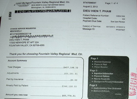 Thời gian sử dụng dịch vụ điều trị tại Bệnh viện Fountain Vallay của bà Diệu Hiền 4 tháng có tổng chi phí trên 457.000 USD. Theo Tổng giám đốc Công ty Bình An Trần Văn Trí, trước khi có giấy xuất viện để được bác sĩ kiểm tra sức khỏe, chuẩn bị cho chuyến bay về Việt Nam, gia đình phải chạy khắp nơi kiếm tiền thanh toán nợ viện phí gần 61.000 USD. Thời gian sử dụng dịch vụ điều trị tại Bệnh viện Fountain Vallay của bà Diệu Hiền 4 tháng có tổng chi phí trên 457.000 USD. Theo Tổng giám đốc Công ty Bình An Trần Văn Trí, trước khi có giấy xuất viện để được bác sĩ kiểm tra sức khỏe, chuẩn bị cho chuyến bay về Việt Nam, gia đình phải chạy khắp nơi kiếm tiền thanh toán nợ viện phí gần 61.000 USD.