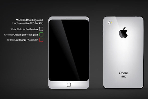 8. iPhone 5 có đèn LED báo trạng thái - Ý tưởng iPhone 5 của Kazi Shahriar Ahmed (Bangladesh) có đèn LED ở nút Home, sẽ nhấp nháy màu trắng khi có thông báo, màu xanh lá cây cho cuộc gọi đến hoặc sạc, màu đỏ khi pin yếu.