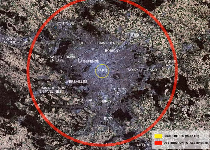 Vùng bị Tsar Bomba phá hoại hoàn toàn (ví dụ – phạm vi lớn hơn bản độ Paris): Vòng đỏ = Bị phá hủy hoàn toàn (bán kính 35 km), vòng vàng = quả cầu lửa (bán kính 3,5 km).