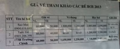 Bảng giá vé bơi tại bể Không quân trên đường Trường Chinh.