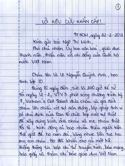 Trong khi dư luận đang phản đối quyết liệt, một bức thư được cho là của bé Quỳnh Anh kêu cứu Quốc hội khiến nhiều người ngỡ ngàng. Sự việc không dừng lại ở phạm vi một chương trình truyền hình mà đã trở thành một vấn đề xã hội cần được xã hội quan tâm. Trong khi dư luận đang phản đối quyết liệt, một bức thư được cho là của bé Quỳnh Anh kêu cứu Quốc hội khiến nhiều người ngỡ ngàng. Sự việc không dừng lại ở phạm vi một chương trình truyền hình mà đã trở thành một vấn đề xã hội cần được xã hội quan tâm.