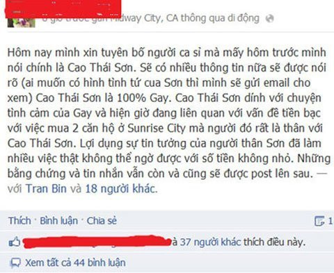 Trên trang cá nhân của mình, người có tên là Adam Nguyễn "tố" Cao Thái Sơn đồng tính và lừa tiền của mình. Theo đó, người này và Cao Thái Sơn đã quen nhau được 2 năm. Hai người thân thiết với nhau đến mức ở chung một nhà, ngủ chung giường. Người này cũng tố cáo Cao Thái Sơn lợi dụng sự tin tưởng để lừa tiền mua 2 căn hộ ở Sunrise City. Ngay sau đó, những bức ảnh thân mật của hai người được công bố. Dư luận xôn xao trước thông tin này. Nhiều người cảm thấy ngao ngán vì đây không phải là lần đầu tiên có tin đồn Cao Thái Sơn đồng tính. Trên trang cá nhân của mình, người có tên là Adam Nguyễn "tố" Cao Thái Sơn đồng tính và lừa tiền của mình. Theo đó, người này và Cao Thái Sơn đã quen nhau được 2 năm. Hai người thân thiết với nhau đến mức ở chung một nhà, ngủ chung giường. Người này cũng tố cáo Cao Thái Sơn lợi dụng sự tin tưởng để lừa tiền mua 2 căn hộ ở Sunrise City. Ngay sau đó, những bức ảnh thân mật của hai người được công bố. Dư luận xôn xao trước thông tin này. Nhiều người cảm thấy ngao ngán vì đây không phải là lần đầu tiên có tin đồn Cao Thái Sơn đồng tính.