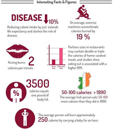Mốt số thông tin hữu ích, thú vị: Giảm lượng calory tiêu thụ dư thừa có nghĩa là giảm được 10 % nguy cơ bệnh tật; Hôn nhau đốt cháy 2 calory mỗi phút; các bữa ăn ở nhà hàng có thể nhiều gấp hai và gấp 3 lượng calory so với đồ ăn tự chuẩn bị (nghiên cứu thế giới); 3500 calory tương đương với 0,454 kg mỡ người; Người Iceland ăn nhiều hơn từ 50 - 100 calory ở thời điểm hiện tại so với năm 1990; bế trẻ em trong 1 tiếng đốt cháy được 250 calory.