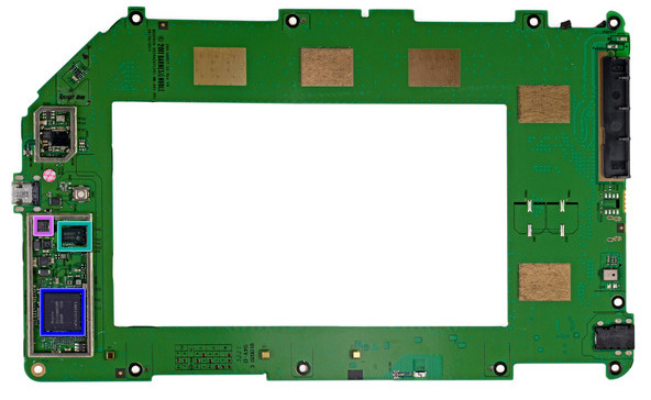 Màu xanh dương là RAM DDR2 1GB của Hynix. Bên dưới con chip này sẽ là vi xử lí hai nhân Texas Instruments OMAP4 1 GHz, tương tự như Amazon Kindle Fire. Màu tím là gia tốc kế ba chiều. Màu xanh dương là RAM DDR2 1GB của Hynix. Bên dưới con chip này sẽ là vi xử lí hai nhân Texas Instruments OMAP4 1 GHz, tương tự như Amazon Kindle Fire. Màu tím là gia tốc kế ba chiều.