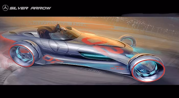 Silver Arrow có bốn bánh xe được làm to hẳn so với thân hình của xe, lưới tản nhiệt của mẫu concept này làm người ta liên tưởng tới mẫu SLS AMG hiện tại với logo sao ba cánh to nằm trong một vòng tròn.