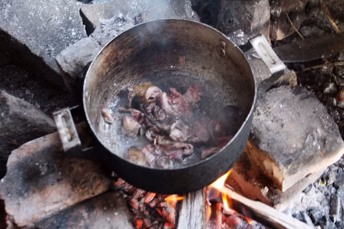 Một chút nước, một thìa muối trắng bỏ vào, các em đun cho chín để ăn. Tuy nhiên, từng này thịt lại được chia đôi để dành cho 3 em nhỏ khác cùng ăn