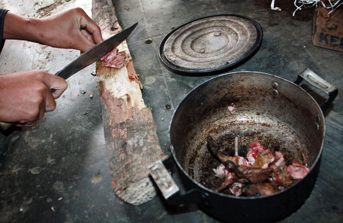 Tất cả các bộ phận của con chuột còn lại sau khi mổ (chỉ vứt đi phần ruột, gan để lại) sẽ được chặt nhỏ và cho vào xoong Tất cả các bộ phận của con chuột còn lại sau khi mổ (chỉ vứt đi phần ruột, gan để lại) sẽ được chặt nhỏ và cho vào xoong