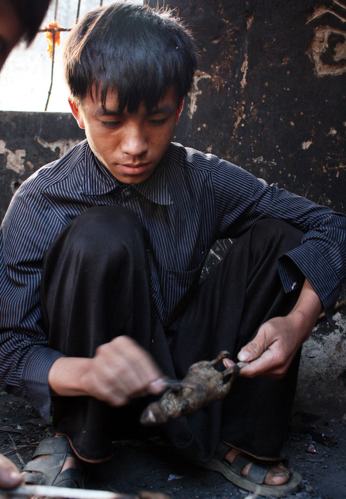 Khi nướng gần được, chuột được bỏ ra để gạt sạch những chiếc lông còn bám lại Khi nướng gần được, chuột được bỏ ra để gạt sạch những chiếc lông còn bám lại