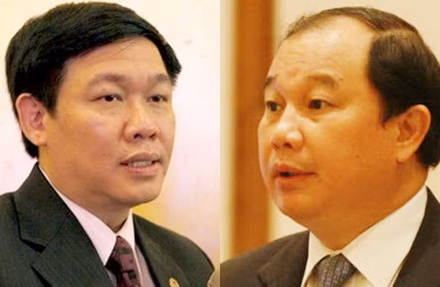 Bộ trưởng Tài chính Vương Đình Huệ (ảnh trái), Thứ trưởng Bộ Công Thương - Nguyễn Cẩm Tú (ảnh phải) chưa thống nhất được quan điểm trong buổi hội thảo về "Điều hành giá xăng dầu theo cơ chế thị trường" do Bộ Tài chính chủ trì hôm 20/9. Ảnh VNE.