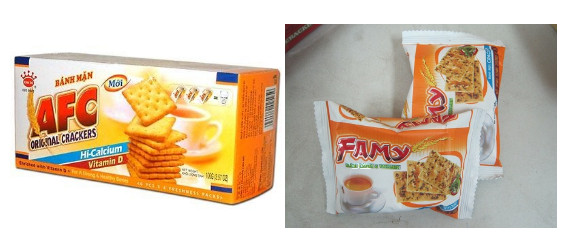 Bánh AFC của Kinh Đô (trái). Bánh FAMY của Công ty Việt Long. Theo lời ông Giám đốc công ty này mẫu bao bì bánh FAMY hiện vẫn chưa thật "chuẩn" và đang trong quá trình chỉnh sửa.