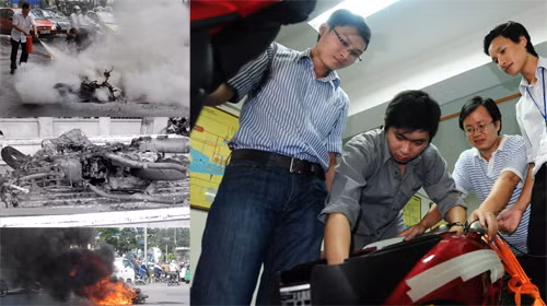 Nguyên nhân các vụ cháy xe xảy ra liên tiếp thời gian qua (ảnh nhỏ) đang được các chuyên gia, trong đó có cán bộ, giảng viên Trường ĐH Bách khoa TP.HCM, giải mã (ảnh lớn).