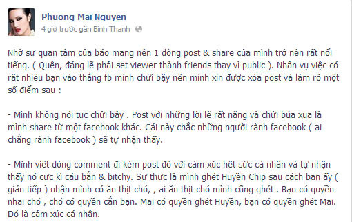 Status được cho là để xin lỗi của Phương Mai chỉ làm nóng thêm dư luận Status được cho là để xin lỗi của Phương Mai chỉ làm nóng thêm dư luận
