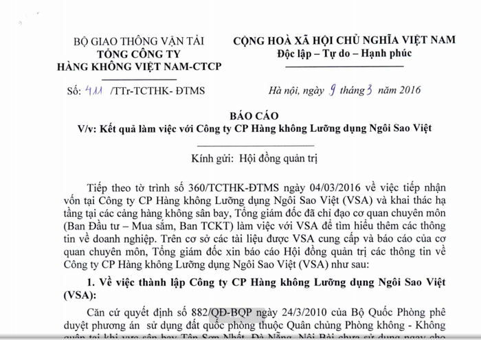 Báo cáo số 411/TTr-TCTHK-ĐTMS ngày 9/3/2016 của Tổng công ty Hàng không Việt Nam (Vietnam Airlines) tiết lộ tham vọng của Vietnam Airlines khi "góp vốn" vào Vietstar Airlines. Báo cáo số 411/TTr-TCTHK-ĐTMS ngày 9/3/2016 của Tổng công ty Hàng không Việt Nam (Vietnam Airlines) tiết lộ tham vọng của Vietnam Airlines khi "góp vốn" vào Vietstar Airlines.