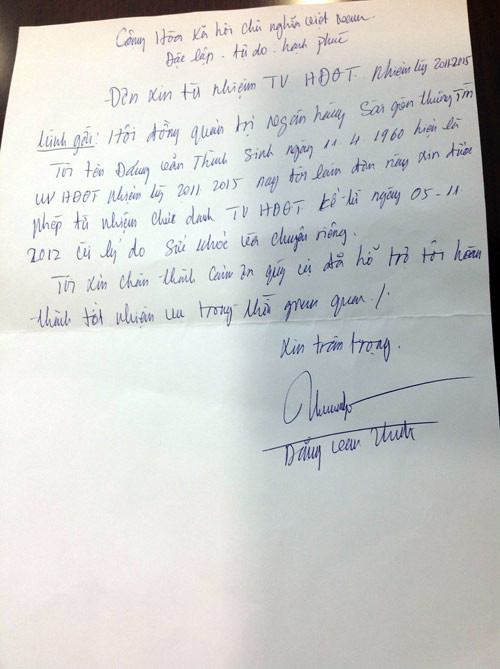 Bức thư xin từ nhiệm thành viên HĐQT của ông Đặng Văn Thành Bức thư xin từ nhiệm thành viên HĐQT của ông Đặng Văn Thành