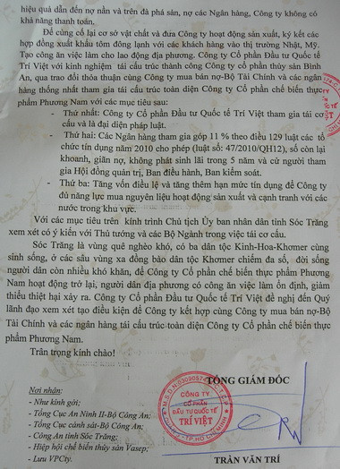 Tờ trình "giải cứu" Công ty Phương Nam của ông Trí. Ảnh: Thiên Phước
