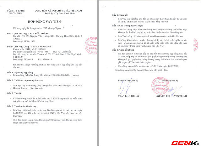 Hợp đồng cho vay với lãi suất 13%/tháng.
