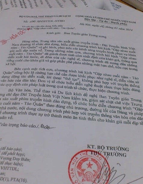 Công văn của Bộ Văn hóa, thể thao và Du lịch gửi Ban tuyên giáo Trung ương. Ảnh: Thể thao Văn hóa.