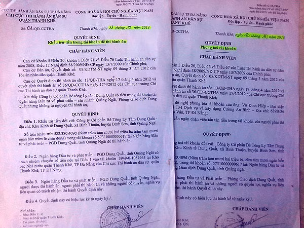 Quyết định phong tỏa, khấu trừ tài khoản của cơ quan thi hành án quận Thanh Khê