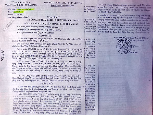 Quyết định của Tòa án nhân dân quận Thanh Khê.