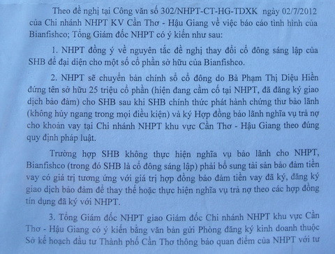Công văn của VDB đồng ý giao sổ cổ đông do bà Hiền đứng tên cho SHB khi phát hành thư bảo lãnh nợ nần của Bianfishco. Ảnh: Thiên Phước Công văn của VDB đồng ý giao sổ cổ đông do bà Hiền đứng tên cho SHB khi phát hành thư bảo lãnh nợ nần của Bianfishco. Ảnh: Thiên Phước