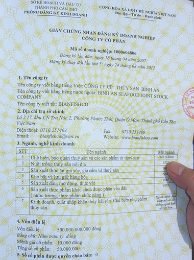 Giấy chứng nhận đăng ký kinh doanh Sở Kế hoạch và Đầu tư TP Cần Thơ cấp cho Công ty Bình An ngày 24/8. Ảnh: Thiên Phước Giấy chứng nhận đăng ký kinh doanh Sở Kế hoạch và Đầu tư TP Cần Thơ cấp cho Công ty Bình An ngày 24/8. Ảnh: Thiên Phước