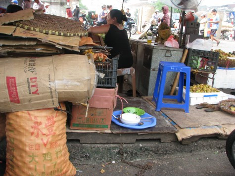 Phía sau người bán táo mèo là một bao tải ghi chữ Trung Quốc khá rõ.