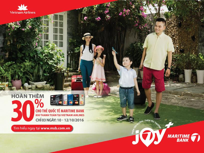 Mua vé máy bay Vietnam Airlines bằng thẻ Maritime Bank MasterCard được ưu đãi gần 40%. Mua vé máy bay Vietnam Airlines bằng thẻ Maritime Bank MasterCard được ưu đãi gần 40%.