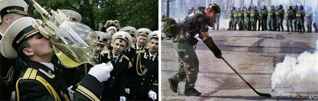 Ly rượu đặc biệt (trái). Lấy lựu đạn khói làm bóng khúc gôn cầu (phải) Ly rượu đặc biệt (trái). Lấy lựu đạn khói làm bóng khúc gôn cầu (phải)